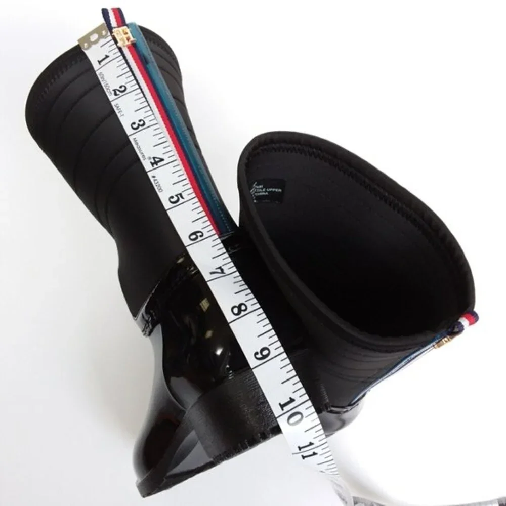 New Tommy Hilfiger Glossy Fonsi Hilfiger Stripe Rain Boot Black 6